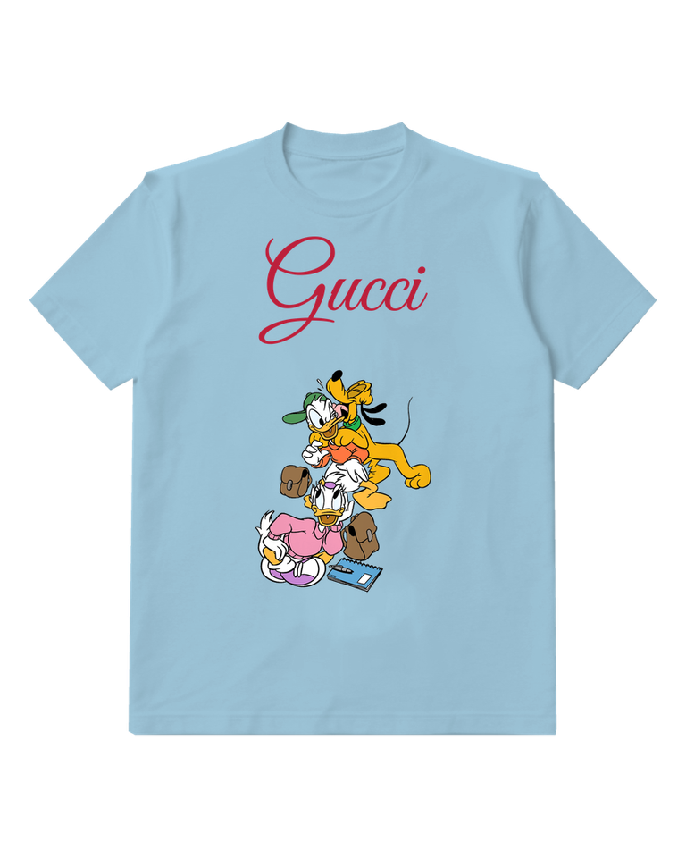 Sky Blue Donald Daisy And Pluto In Dynamic Poses Graphic T-Shirt - front product view