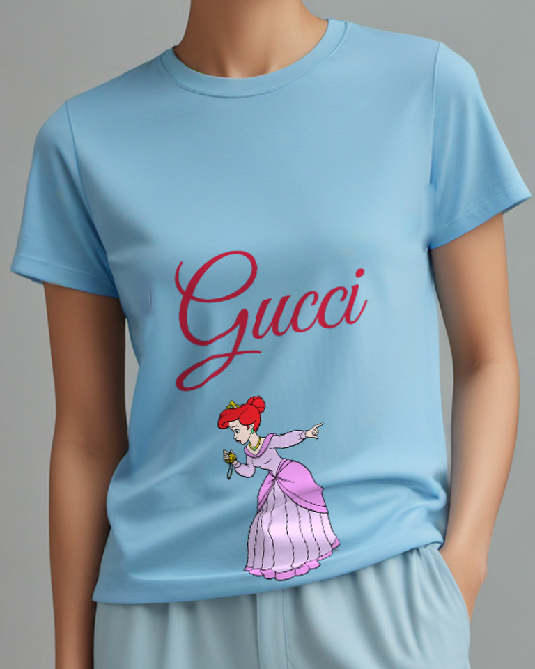 Sky Blue Red Haired Princess Pointing Sideways Graphic T-Shirt - model wearing view