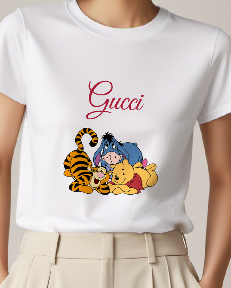 White Pooh Tigger And Eeyore Together Graphic T-Shirt - model wearing view
