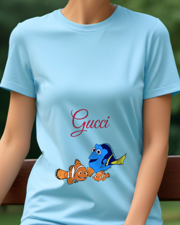 Sky Blue Nemo Dory And Marlin In Cheerful Poses Graphic T-Shirt - model wearing view