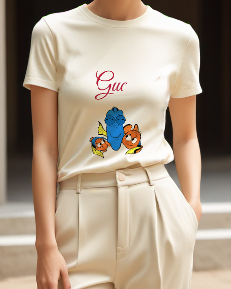 Ivory Three Fish Characters Together Graphic T-Shirt - model wearing view