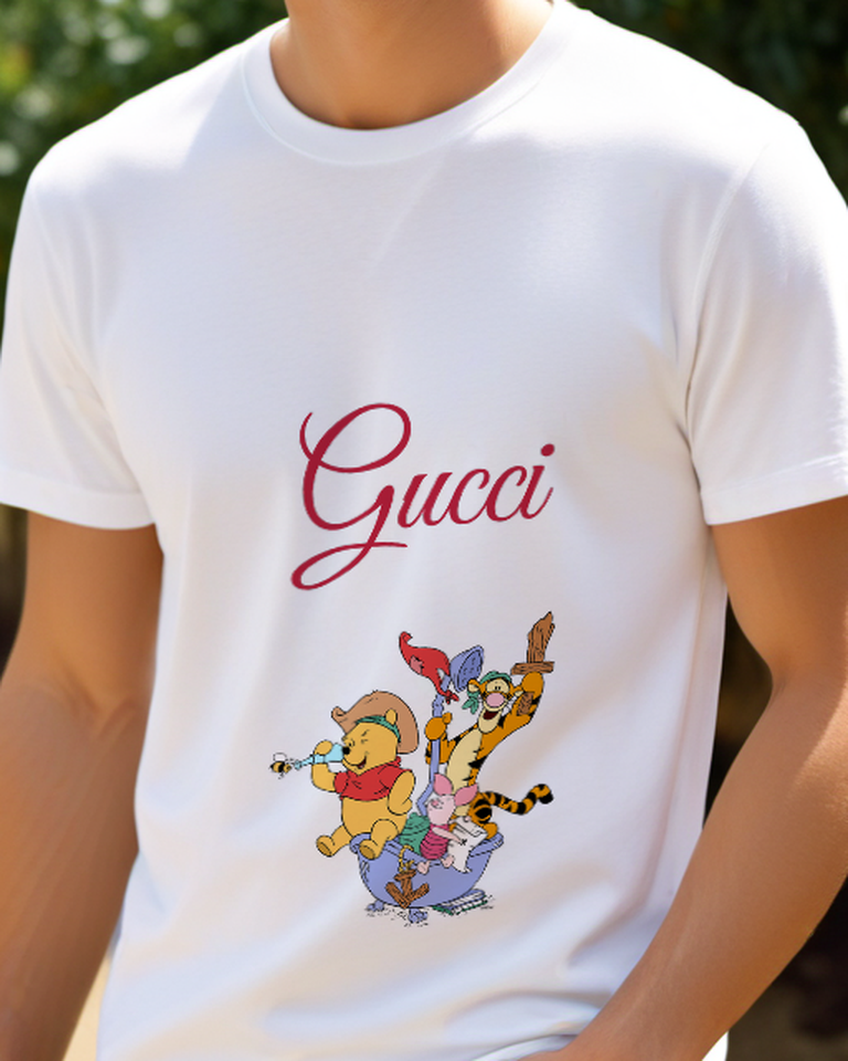 White Pooh Piglet And Tigger In Bathtub Graphic T-Shirt - model wearing view