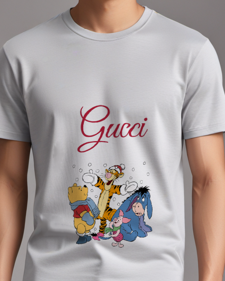 Light Gray Tigger Piglet Eeyore In Snowy Scene Graphic T-Shirt - model wearing view