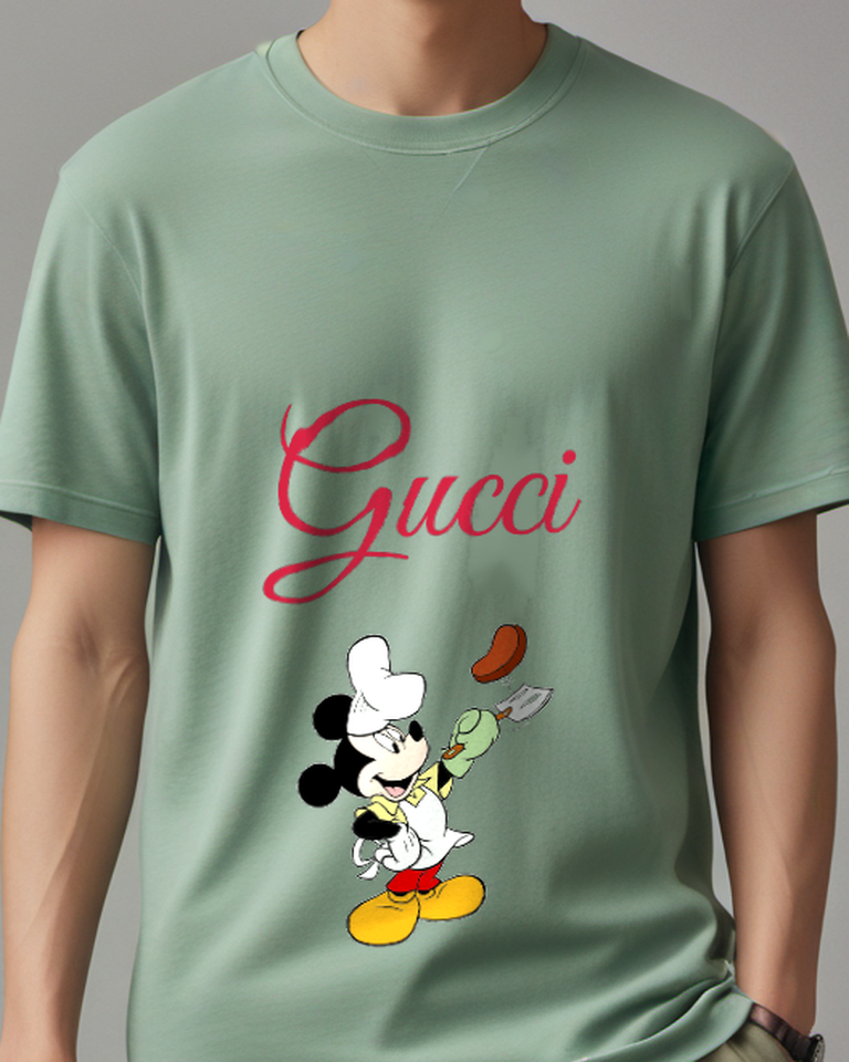 Sage Green Chef Mouse Flying Ingredients Graphic T-Shirt - model wearing view