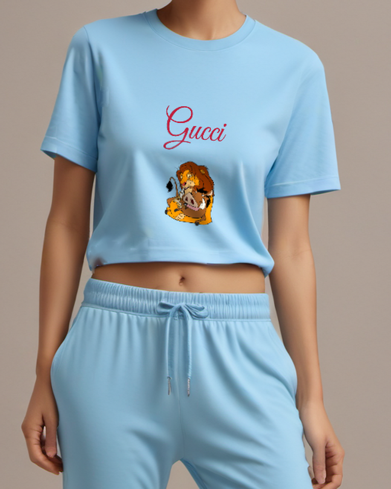 Sky Blue Lion Meerkat Warthog In Group Hug Graphic T-Shirt - model wearing view