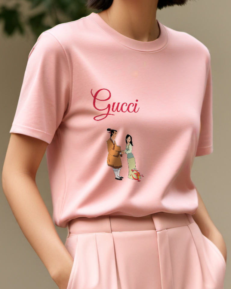 Blush Pink Mulan And Li Shang Holding Hands Crew Neck Graphic T-Shirt - model wearing view