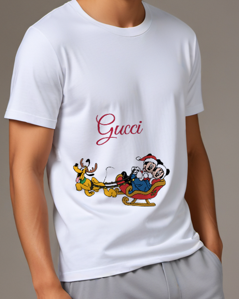 White Pluto Pulling Sleigh With Santa Graphic T-Shirt - model wearing view