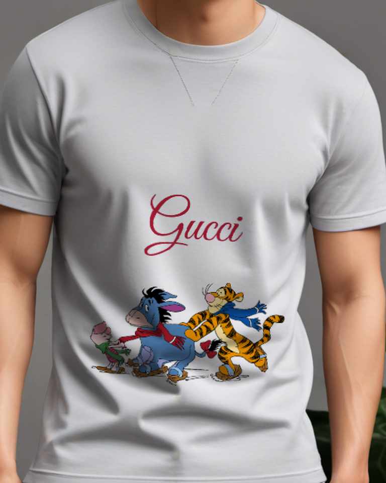 Light Gray Piglet Eeyore Tigger On Skates Graphic T-Shirt - model wearing view