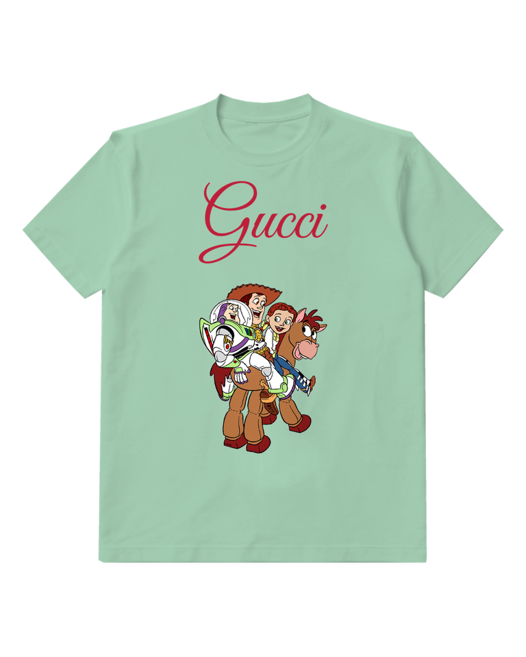 Sage Green Toy Characters Ride Horse Together Graphic T-Shirt - front product view