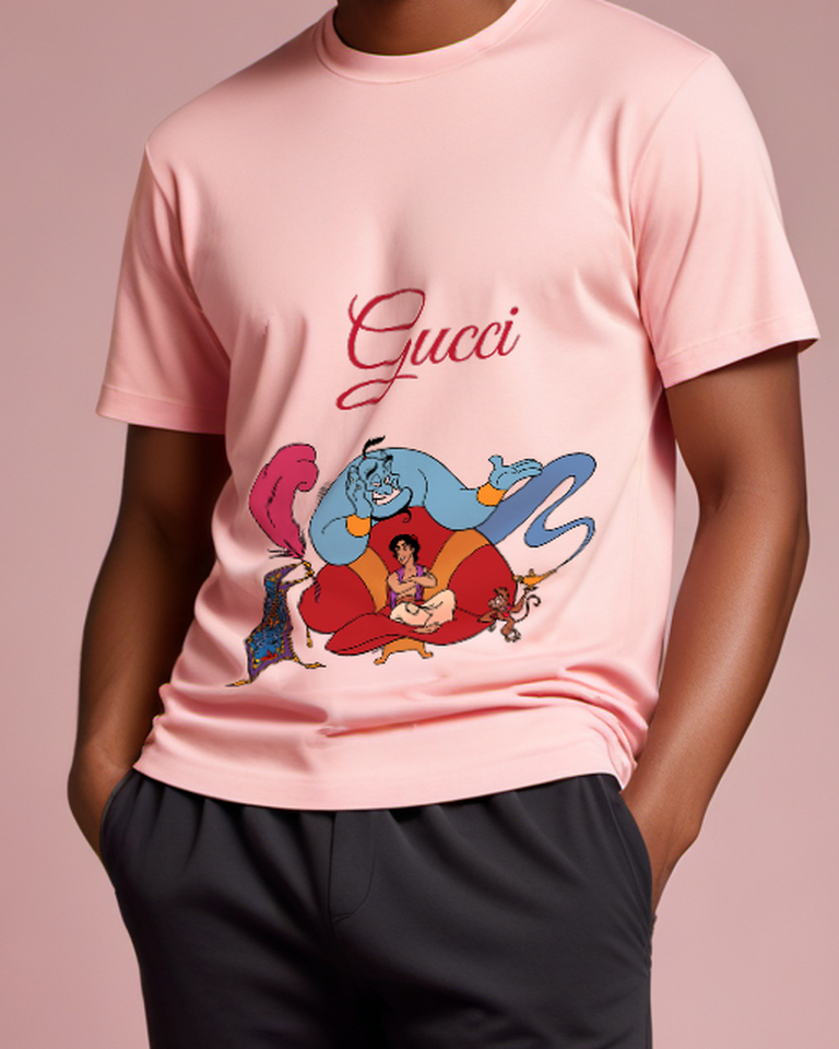 Blush Pink Genie Seated Atop Carpet Graphic T-Shirt - model wearing view