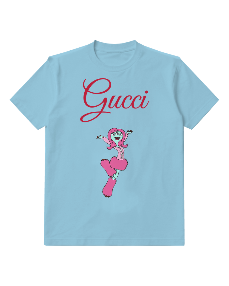 Sky Blue Pink Character One Leg Raised Graphic T-Shirt - front product view
