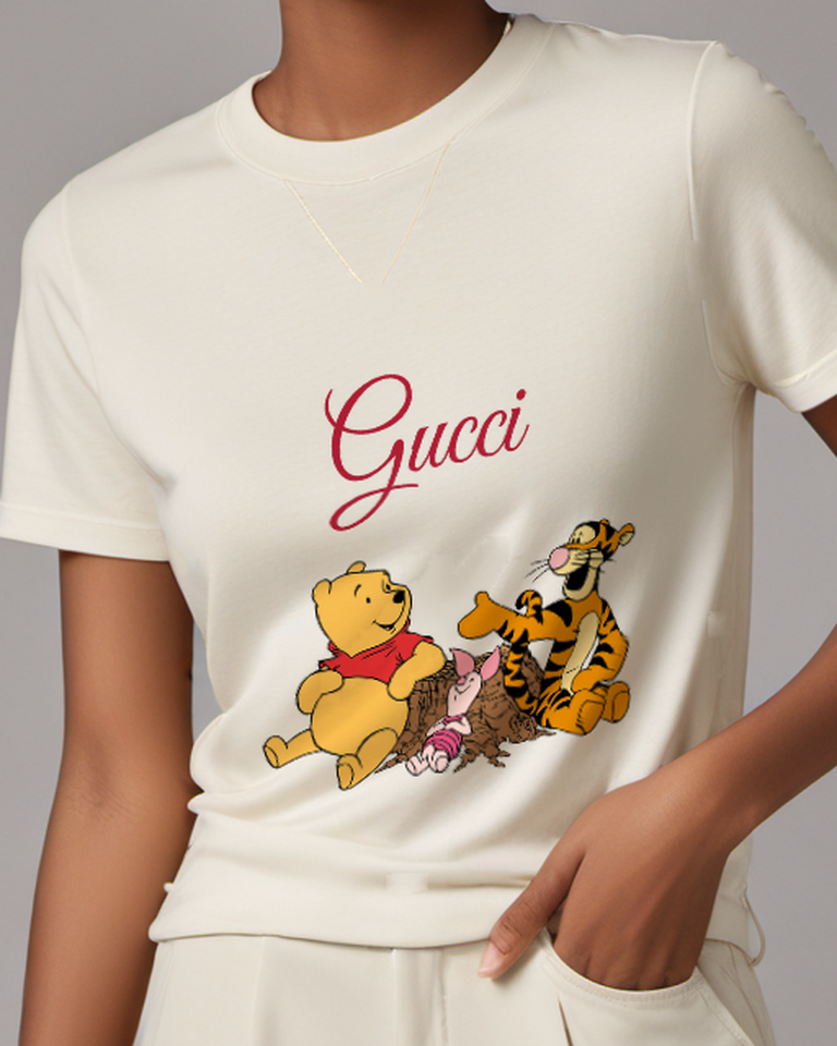 Ivory Winnie The Pooh Sitting Piglet Lying Tigger Beside Graphic T-Shirt - model wearing view