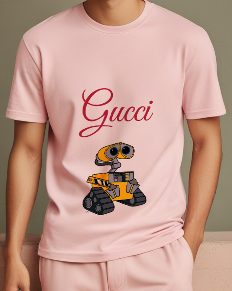 Blush Pink Yellow Tracked Robot Upright Graphic T-Shirt - model wearing view