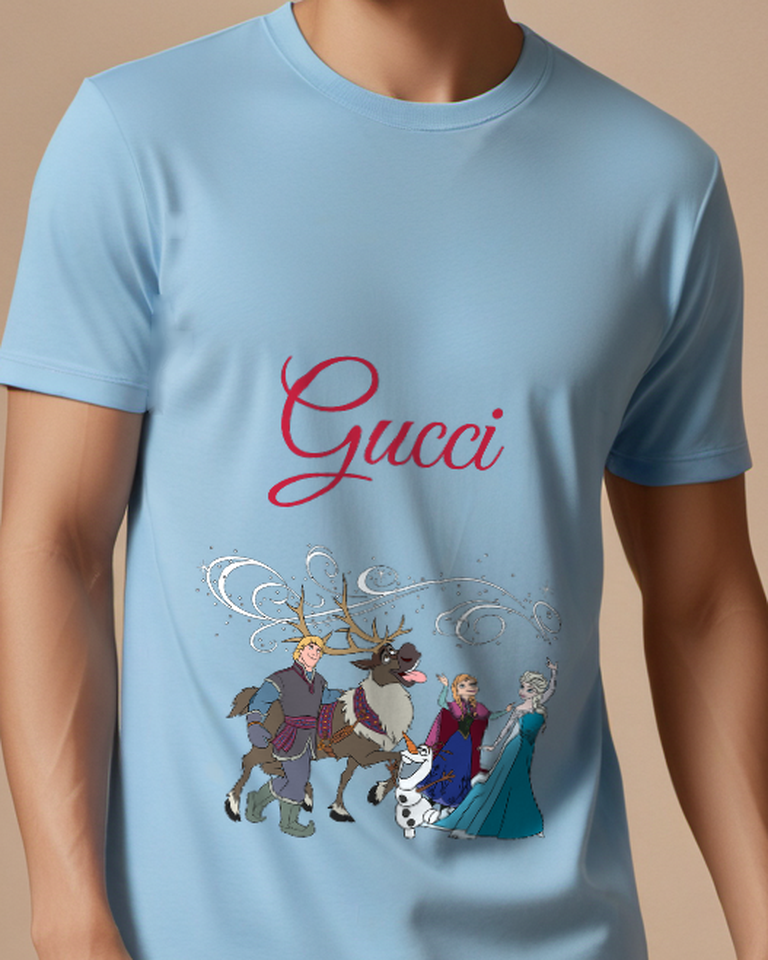 Sky Blue Anna Elsa Olaf Kristoff In Snowy Scene Graphic T-Shirt - model wearing view