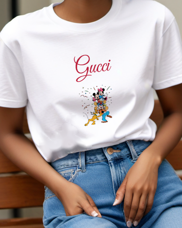 White Mickey Mouse With Friends In Celebratory Pose Graphic T-Shirt - model wearing view