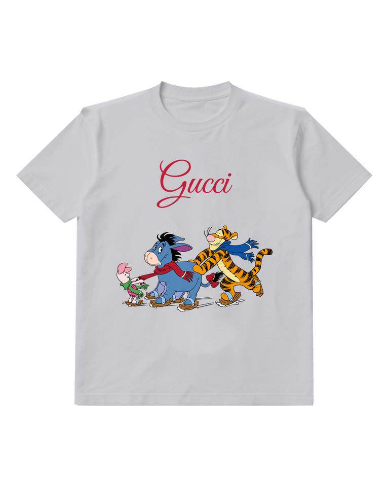Light Gray Piglet Eeyore Tigger On Skates Graphic T-Shirt - front product view