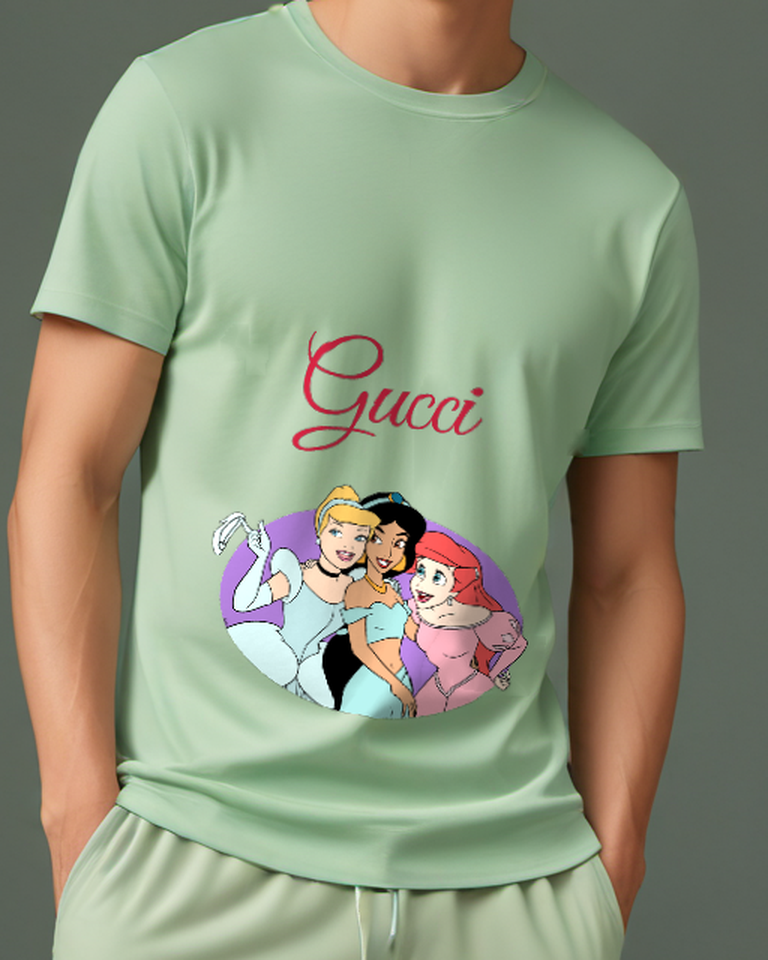 Sage Green Three Princesses Together Smiling Graphic T-Shirt - model wearing view