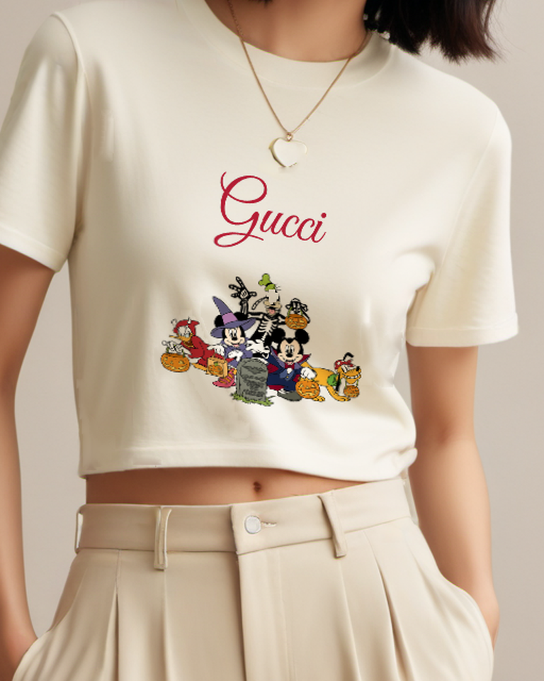 Ivory Mickey And Minnie In Halloween Costumes Graphic T-Shirt - model wearing view