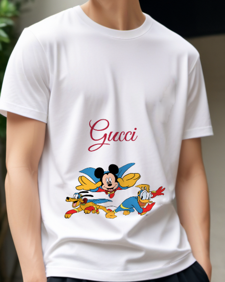 White Mickey Mouse Flying With Pluto Graphic T-Shirt - model wearing view