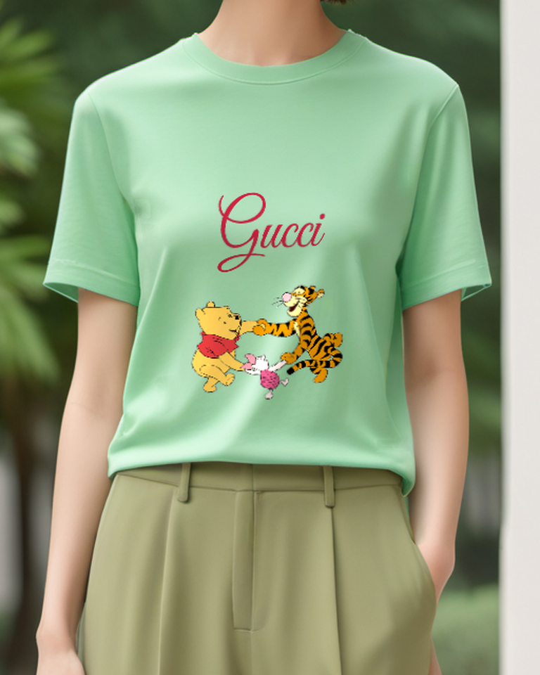 Sage Green Pooh Piglet Tigger Dancing Together Graphic T-Shirt - model wearing view