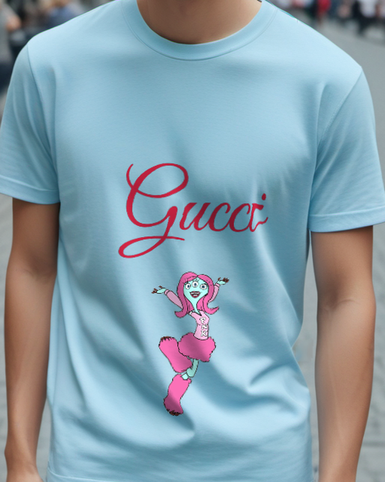 Sky Blue Pink Character One Leg Raised Graphic T-Shirt - model wearing view