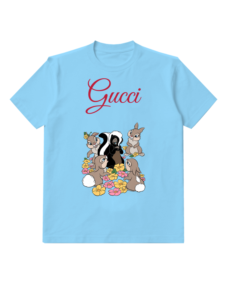 Sky Blue Thumper Playful Bunny Surrounded By Flowers Graphic T-Shirt - front product view