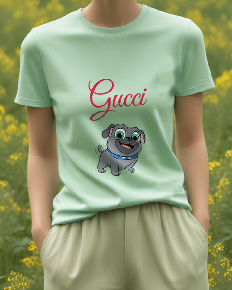 Sage Green Gray Puppy Blue Collar Graphic T-Shirt - model wearing view