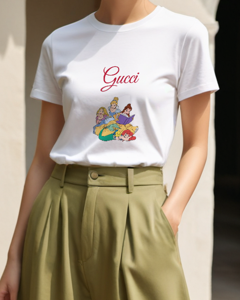 White Four Princesses Together Reading Book Graphic T-Shirt - model wearing view
