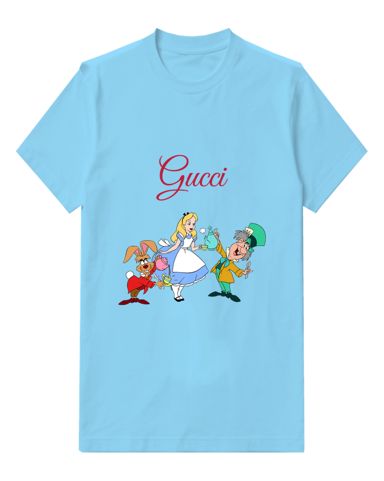 Sky Blue March Hare Pours Tea From Teapot Graphic T-Shirt - front product view