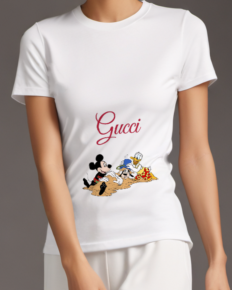 White Mickey Mouse Digs Sand With Friends Graphic T-Shirt - model wearing view