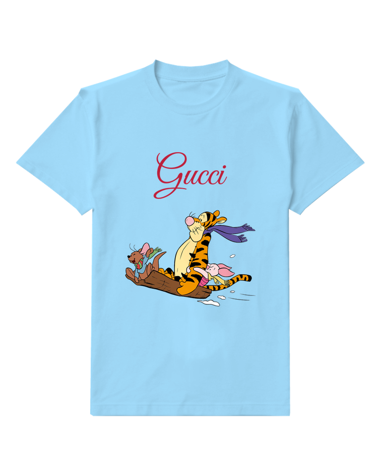 Sky Blue Tigger Piglet Roo On Log Sled Graphic T-Shirt - front product view