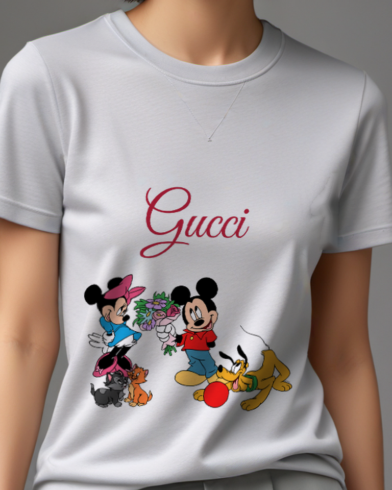 Light Gray Mickey Offers Flowers To Minnie Graphic T-Shirt - model wearing view