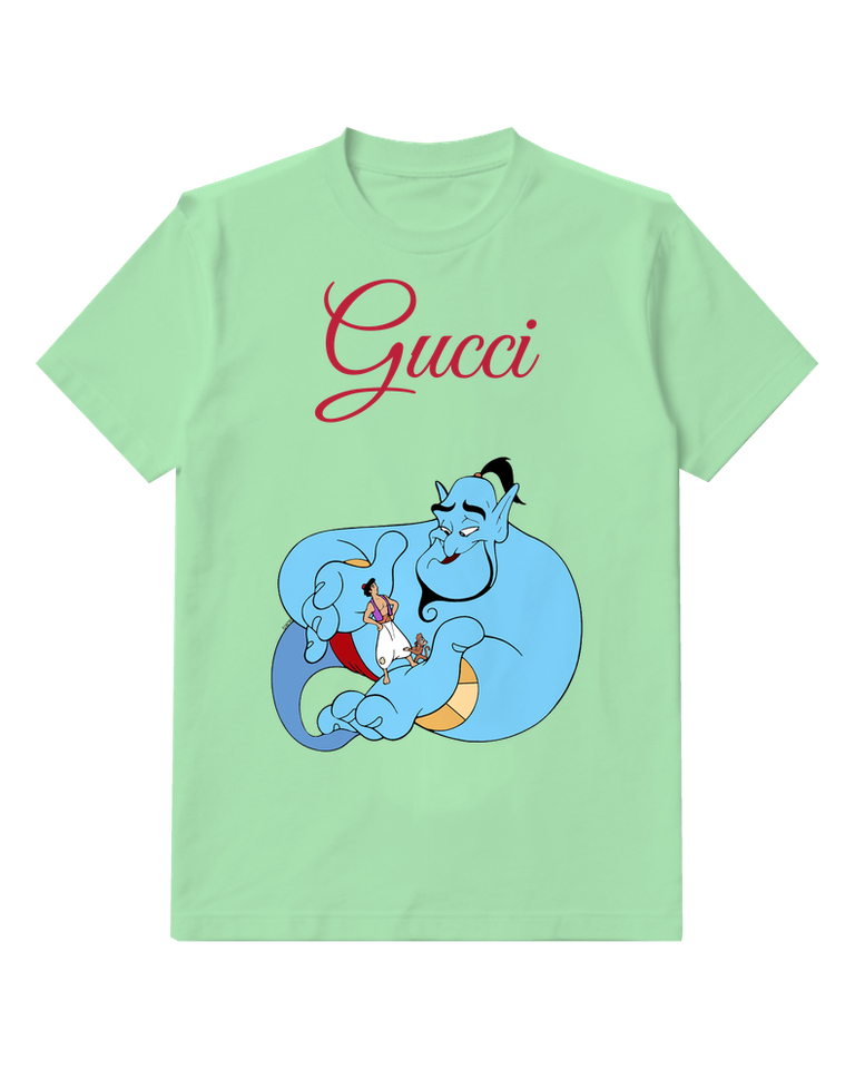 Sage Green Genie With Aladdin And Abu On His Back Graphic T-Shirt - front product view