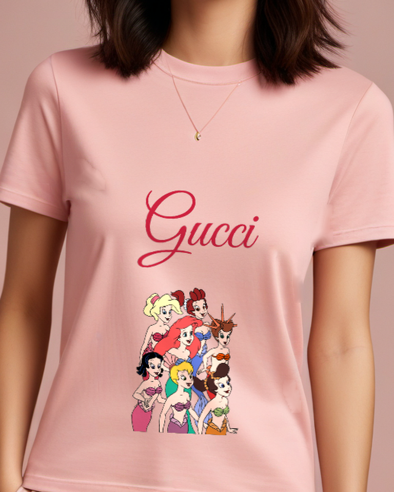 Blush Pink Ariel With Sisters Smiling Together Graphic T-Shirt - model wearing view