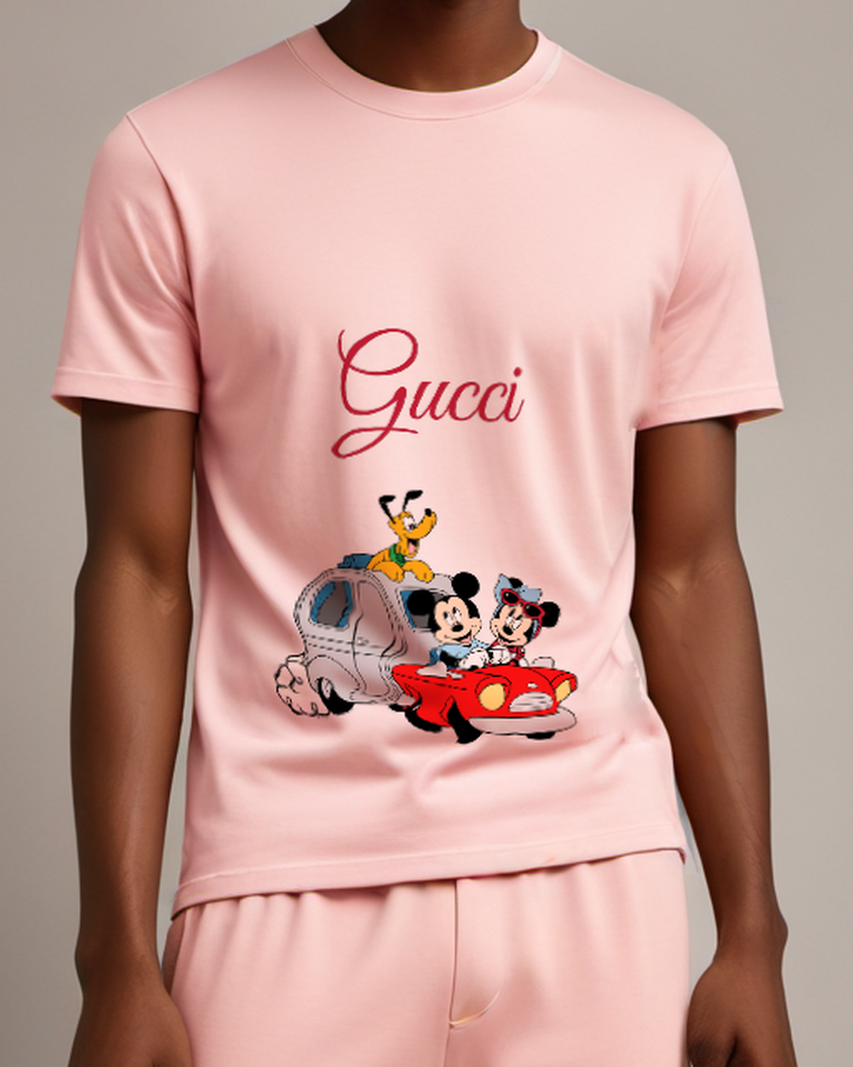 Blush Pink Mickey And Minnie Driving Red Car With Pluto On Roof Graphic T-Shirt - model wearing view