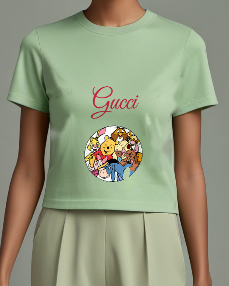 Sage Green Winnie The Pooh Smiling With Friends Graphic T-Shirt - model wearing view