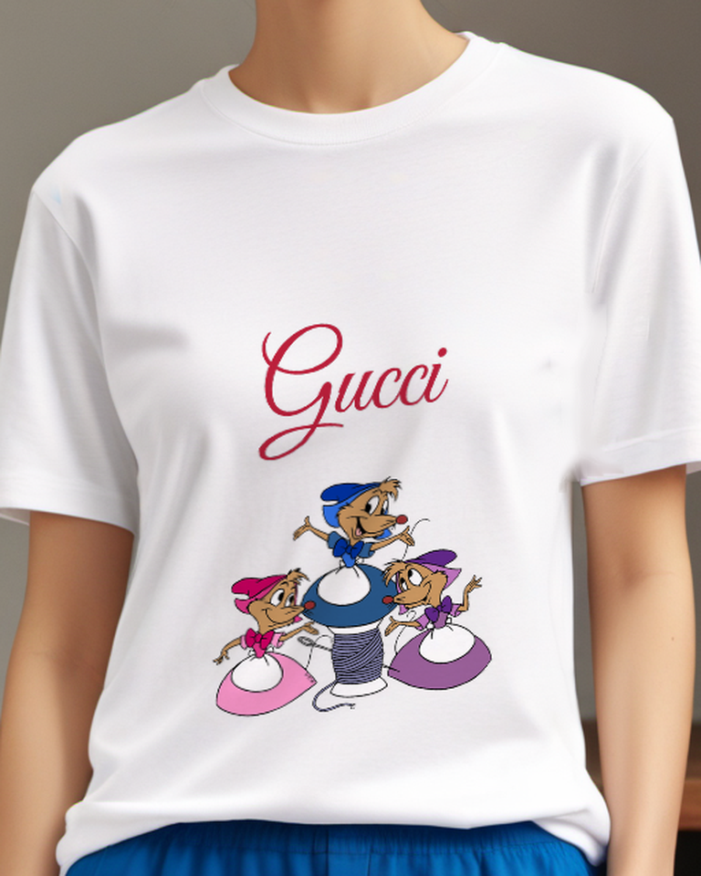 White Three Mice In Sewing Attire Graphic T-Shirt - model wearing view