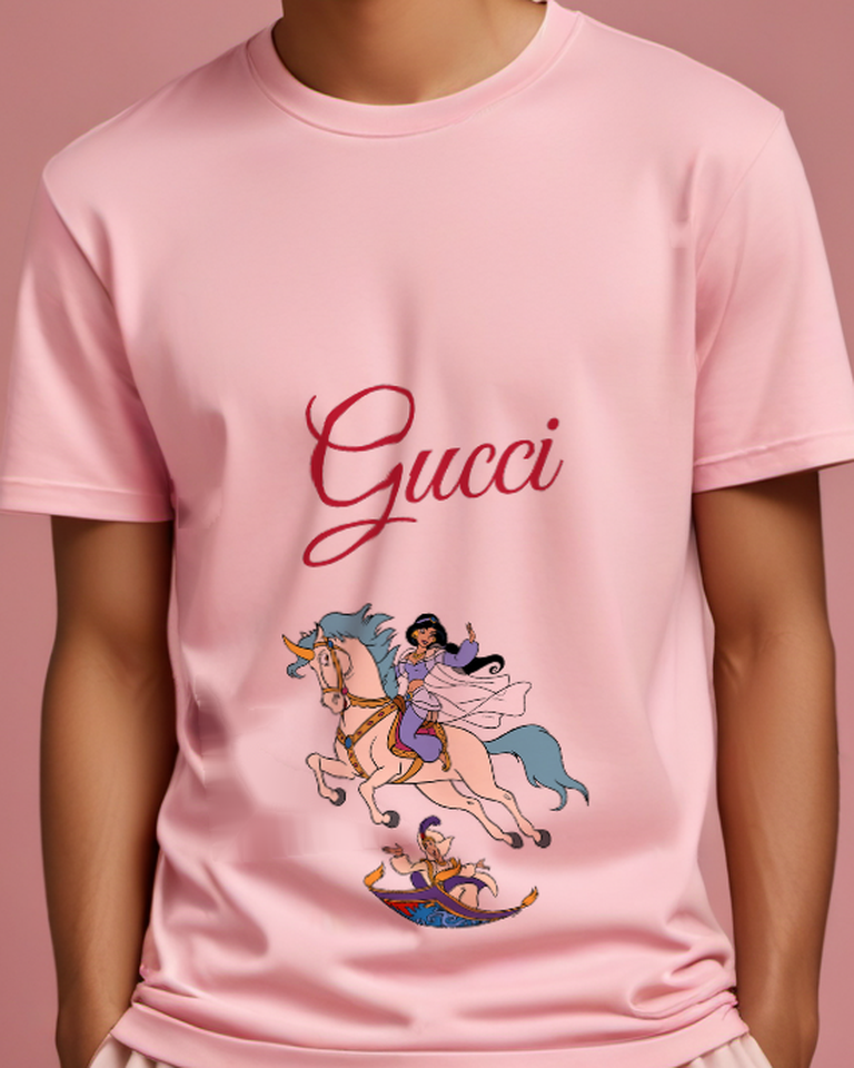 Blush Pink Jasmine Rides Horse Aladdin Floats Carpet Graphic T-Shirt - model wearing view