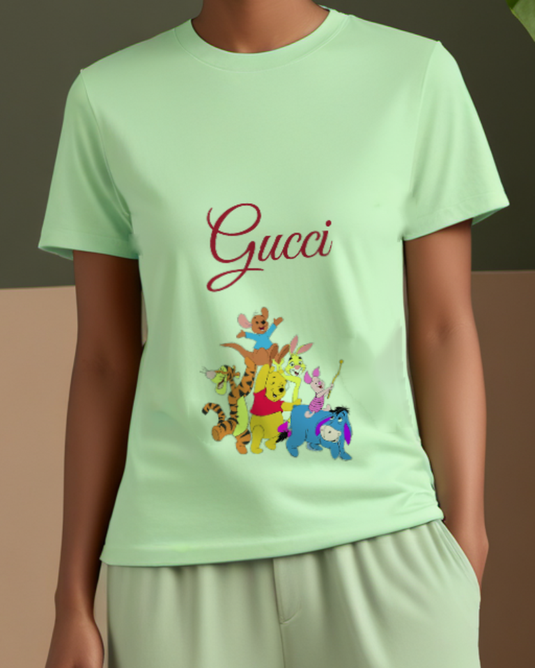 Sage Green Winnie The Pooh Piglet Tigger Eeyore Graphic T-Shirt - model wearing view