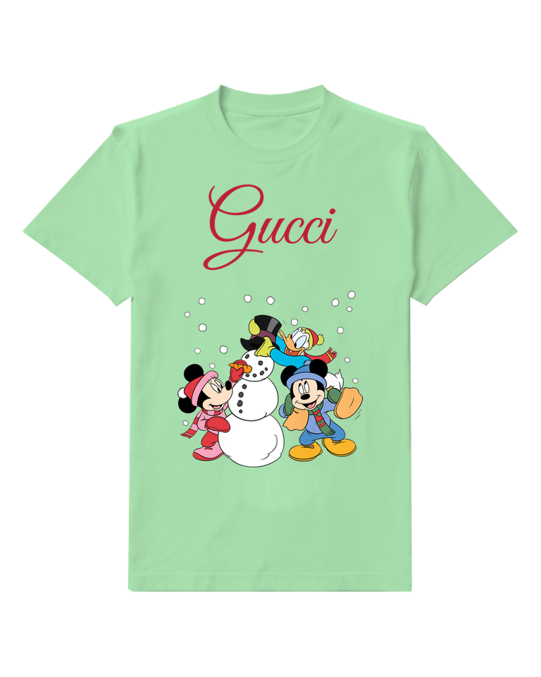 Sage Green Mickey Minnie And Donald Building Snowman Graphic T-Shirt - front product view