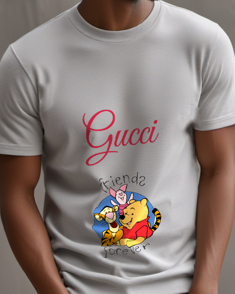 Gray Pooh Tigger And Piglet Together Graphic T-Shirt - model wearing view