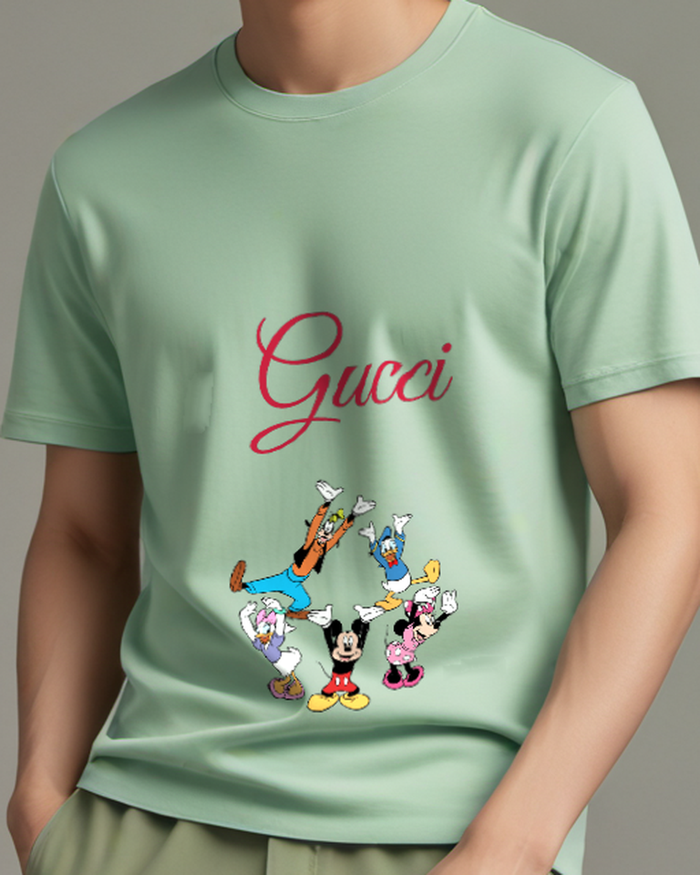 Sage Green Mickey Mouse Jumping Joyfully Crew Neck Graphic T-Shirt - model wearing view
