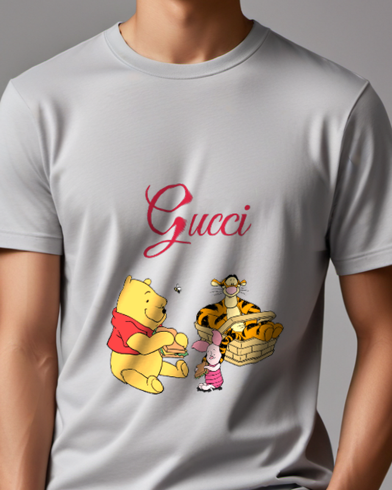 Light Gray Winnie The Pooh Holding Sandwich Graphic T-Shirt - model wearing view