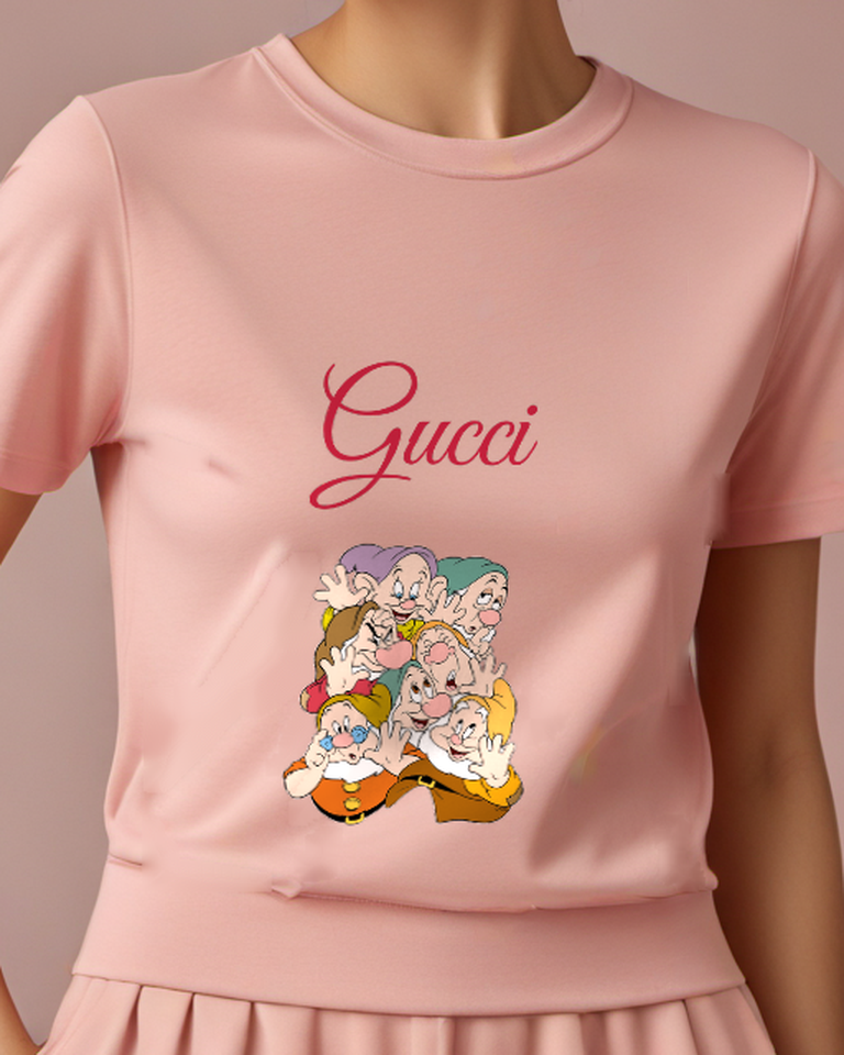 Blush Pink Seven Dwarfs Waving Together Graphic T-Shirt - model wearing view