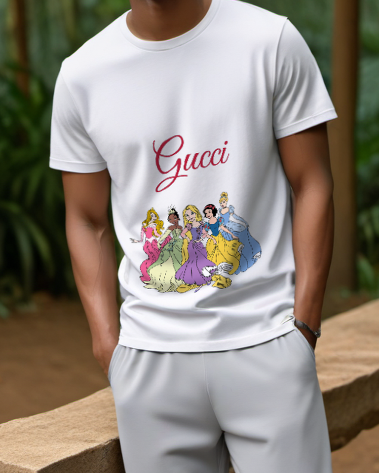 White Four Princesses Standing Together Graphic T-Shirt - model wearing view