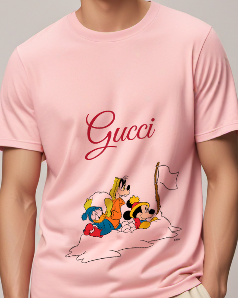 Blush Pink Mickey Donald Goofy In Snow Graphic T-Shirt - model wearing view