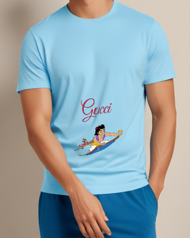 Sky Blue Aladdin And Abu On Magic Carpet Graphic T-Shirt - model wearing view