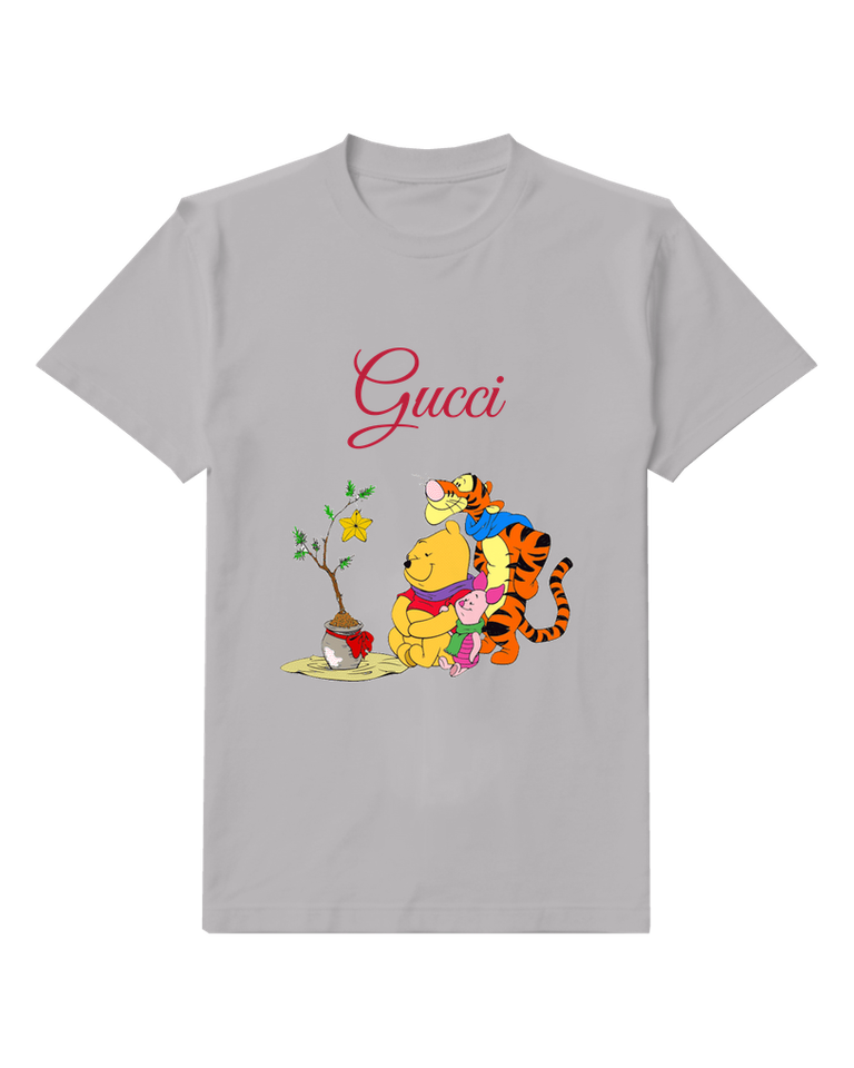 Light Gray Pooh Holds Piglet Tigger Above Graphic T-Shirt - front product view