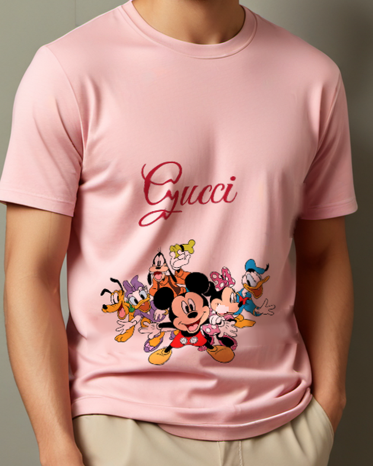 Blush Pink Mickey Mouse Smiling With Friends Crew Neck Graphic T-Shirt - model wearing view