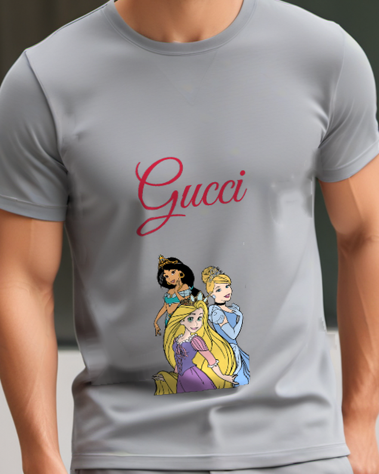Gray Rapunzel Jasmine And Cinderella In A Group Portrait Graphic T-Shirt - model wearing view